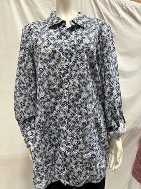 J. Jill XL Blue Floral Button Front Roll Tab Sleeve Blouse Shirt